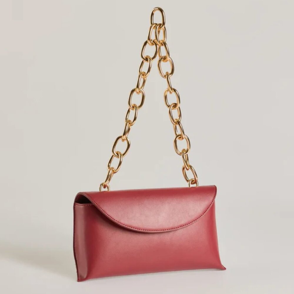 Dark Red Chain Strap Faux Leather Handbag